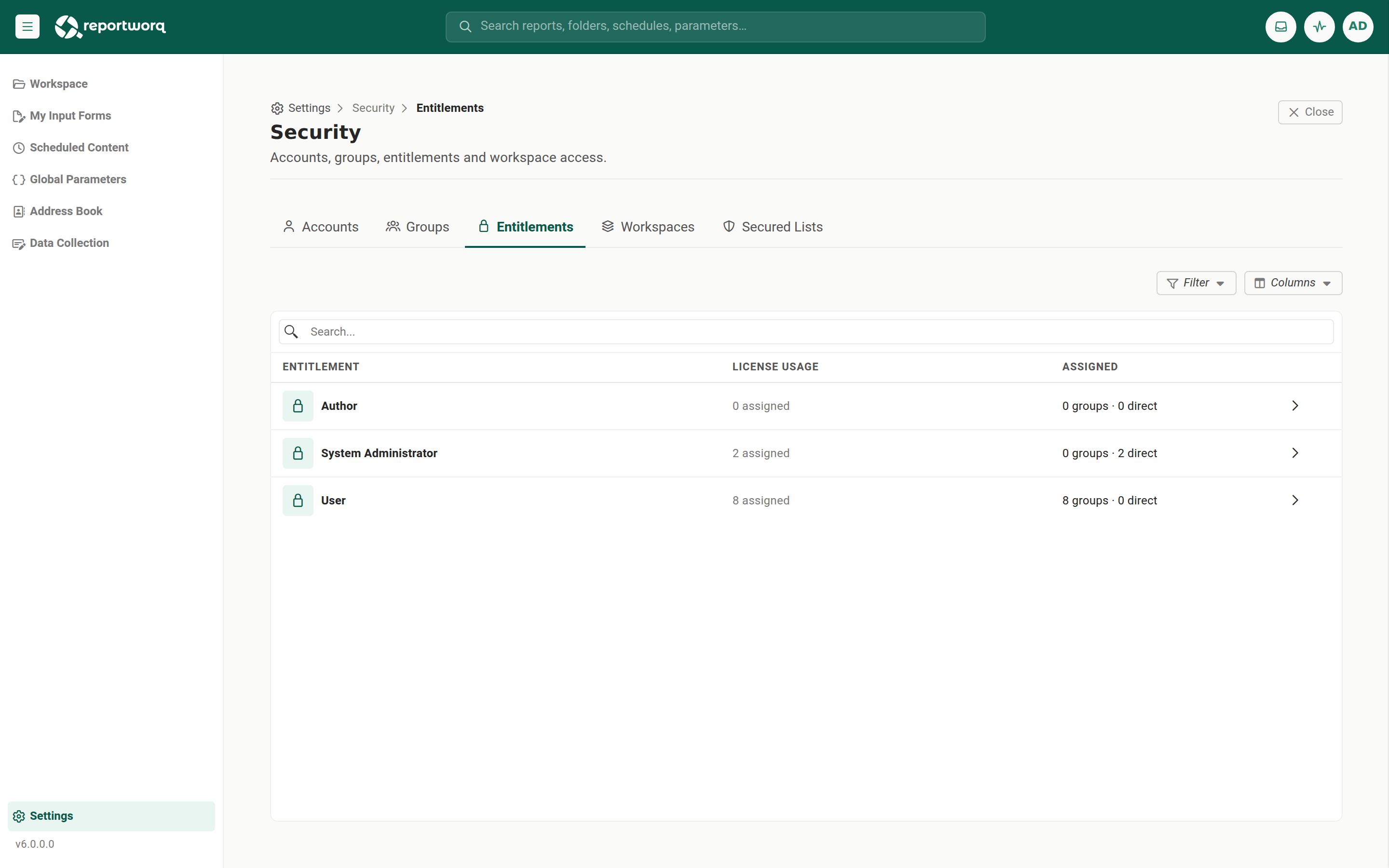 The Entitlements tab in Settings > Security