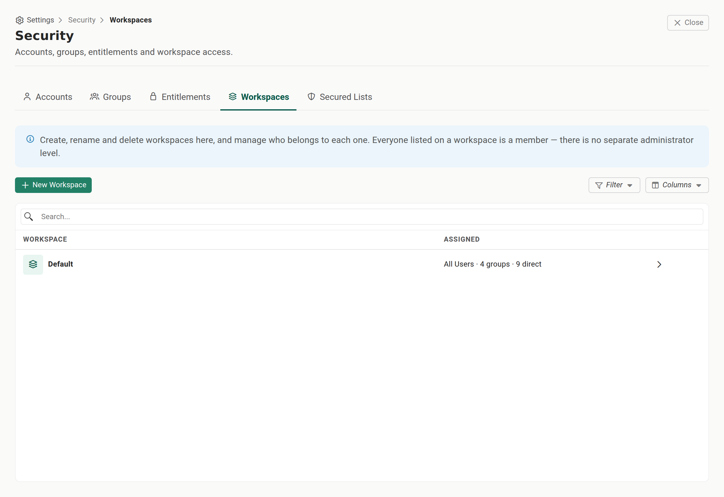 The Workspaces tab on Settings ▸ Security, showing the New Workspace button and one row per workspace