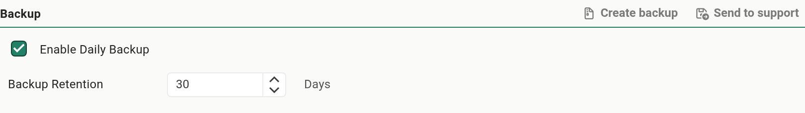 The Backup section on the Configuration ▸ Web Server tab, showing the Create backup button