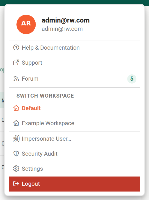 The avatar menu on an instance with two workspaces, showing a Switch Workspace group between Forum and Impersonate User that lists Default in orange as the active workspace and Example Workspace below it