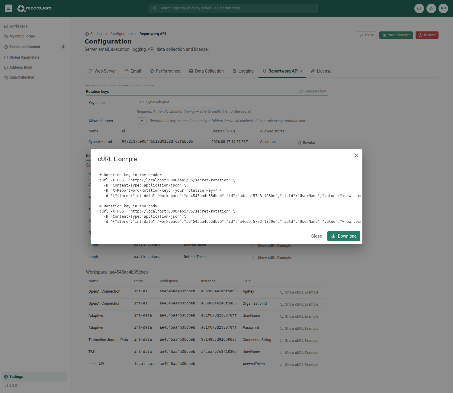 The Show cURL Example dialog, showing the header and body variants of the rotate call pre-filled from a target coordinate