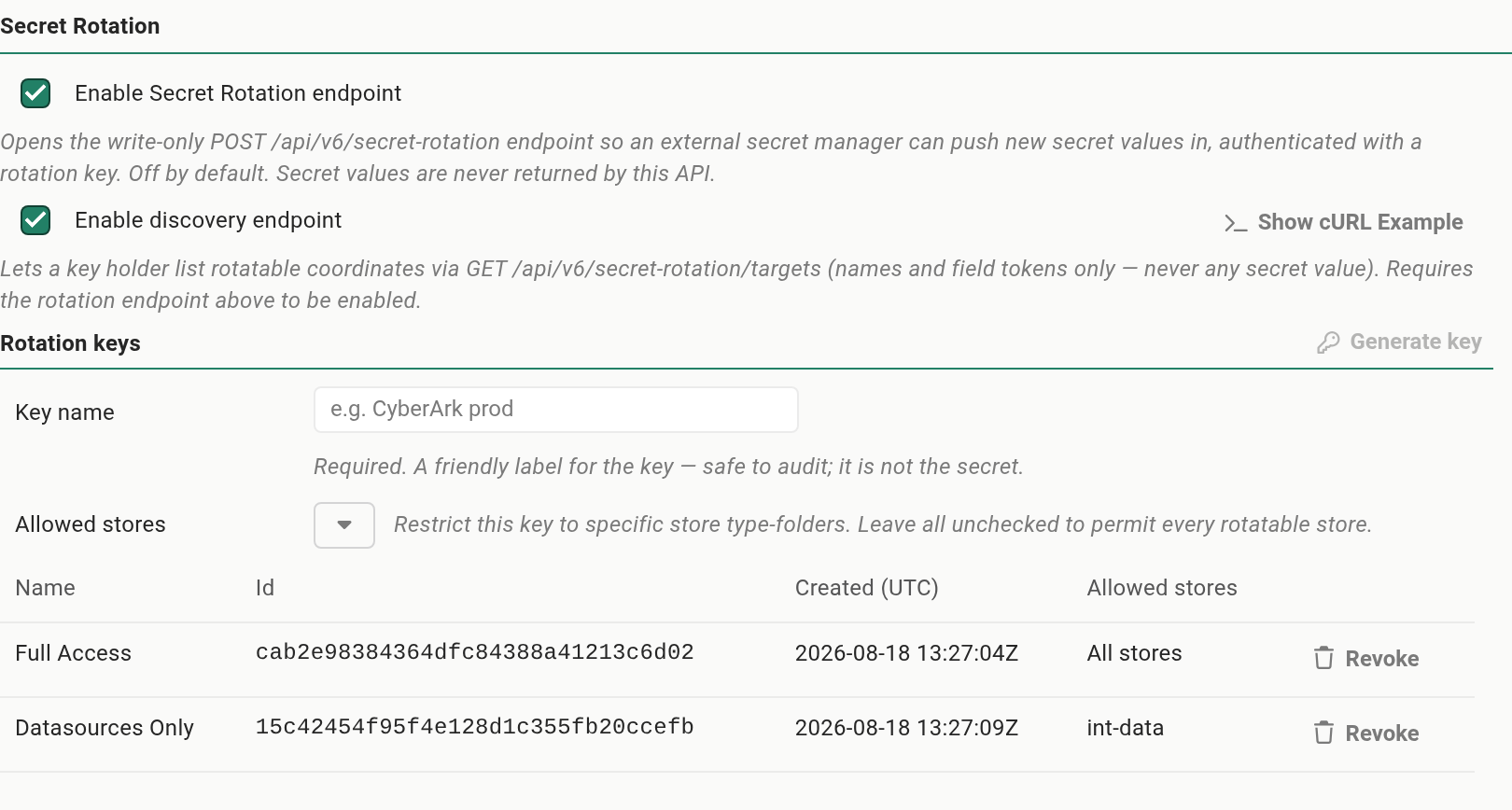 The Secret Rotation category on Settings, Configuration, Reportworq API, with both switches turned on above the Rotation keys section and its table of two keys, Full Access permitting all stores and Datasources Only restricted to the data source connections store