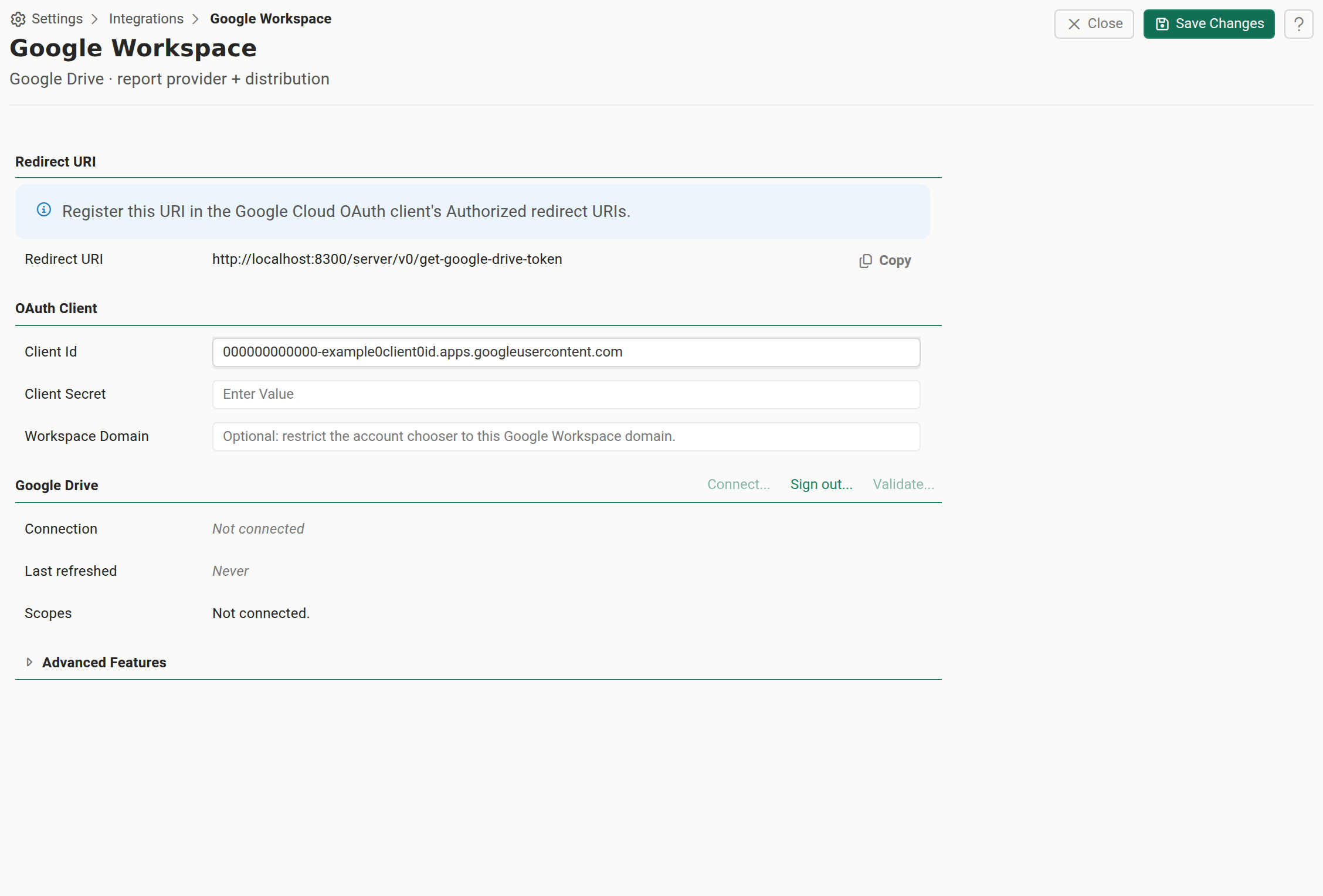 The Google Workspace connection editor after a successful Connect. The Connection row reads "Connected as" the consenting account with the timestamp of the consent, Last refreshed shows the same time, and Scopes reads "All required scopes granted." The Connect, Sign out, and Validate actions sit above the row, and the Client Secret is masked.