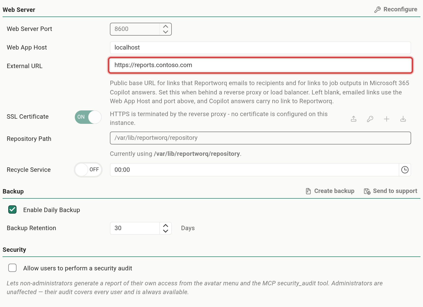 The External URL field in the Web Server group of Settings > Configuration