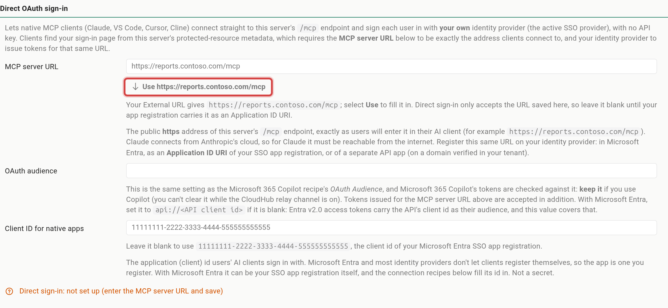 The Direct OAuth sign-in section with an empty MCP server URL and the Use button that offers the External URL plus /mcp