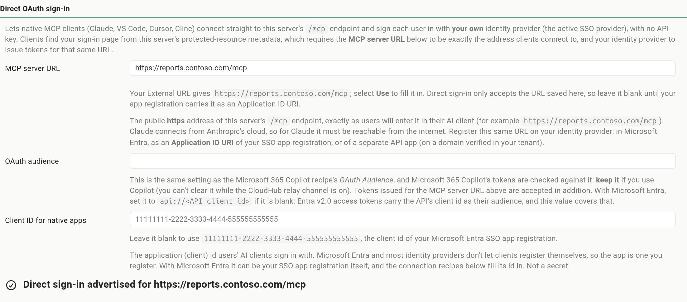 The saved Direct OAuth sign-in section, with the status Direct sign-in advertised for https://reports.contoso.com/mcp