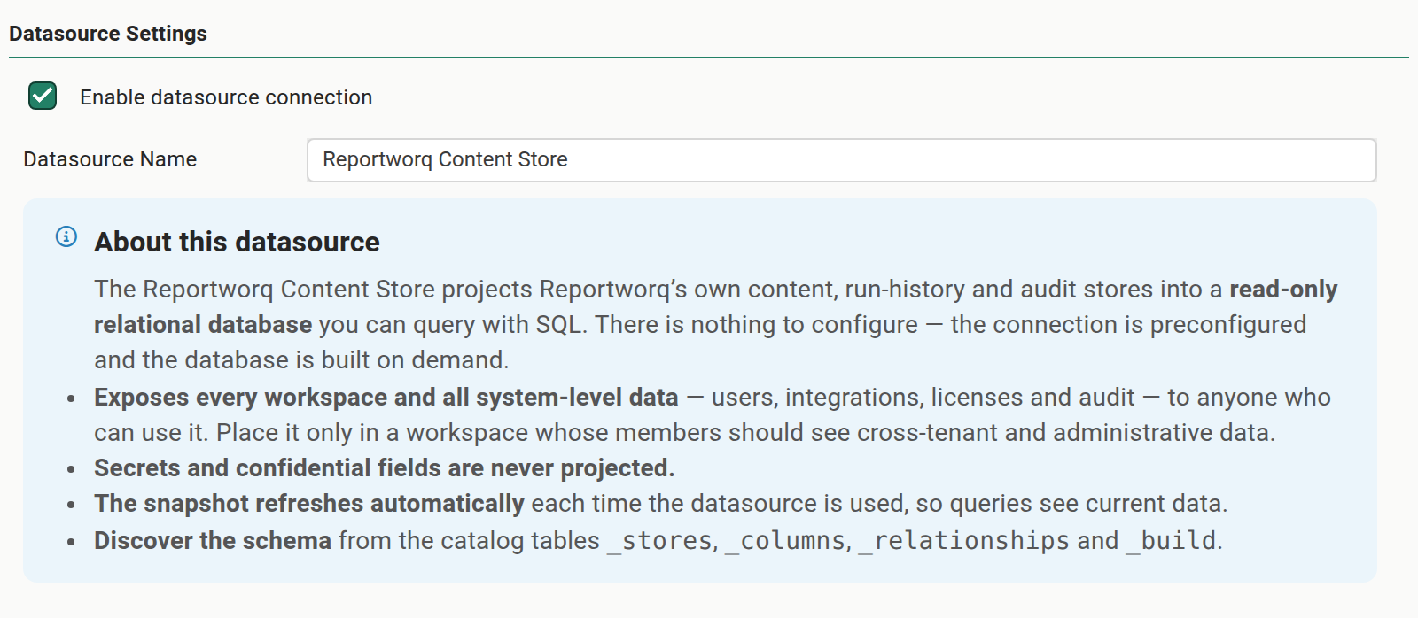 The Reportworq Content Store datasource editor in Settings, Integrations. Under Datasource Settings it shows only an Enable datasource connection checkbox (selected) and a Datasource Name field set to Reportworq Content Store, above an About this datasource information callout. The callout states that the datasource projects Reportworq's own content, run-history, and audit stores into a read-only relational database with nothing to configure; that it exposes every workspace and all system-level data (users, integrations, licenses, and audit) to anyone who can use it, so it should be placed only in a workspace whose members should see cross-tenant and administrative data; that secrets and confidential fields are never projected; that the snapshot refreshes automatically each time the datasource is used; and that the schema can be discovered from the catalog tables _stores, _columns, _relationships, and _build.