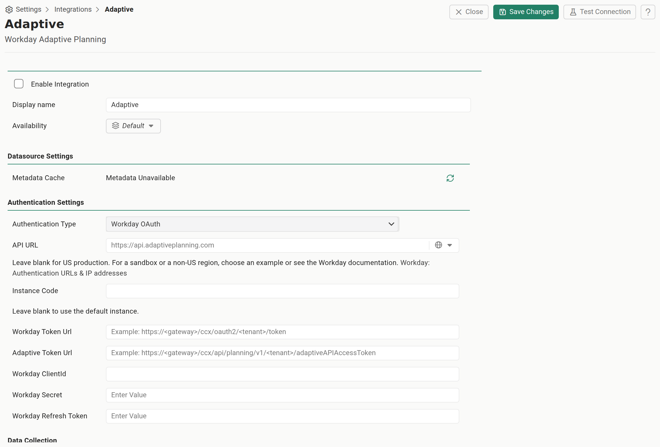 The Reportworq Workday Adaptive Planning connection editor, showing Datasource Settings and Authentication Settings