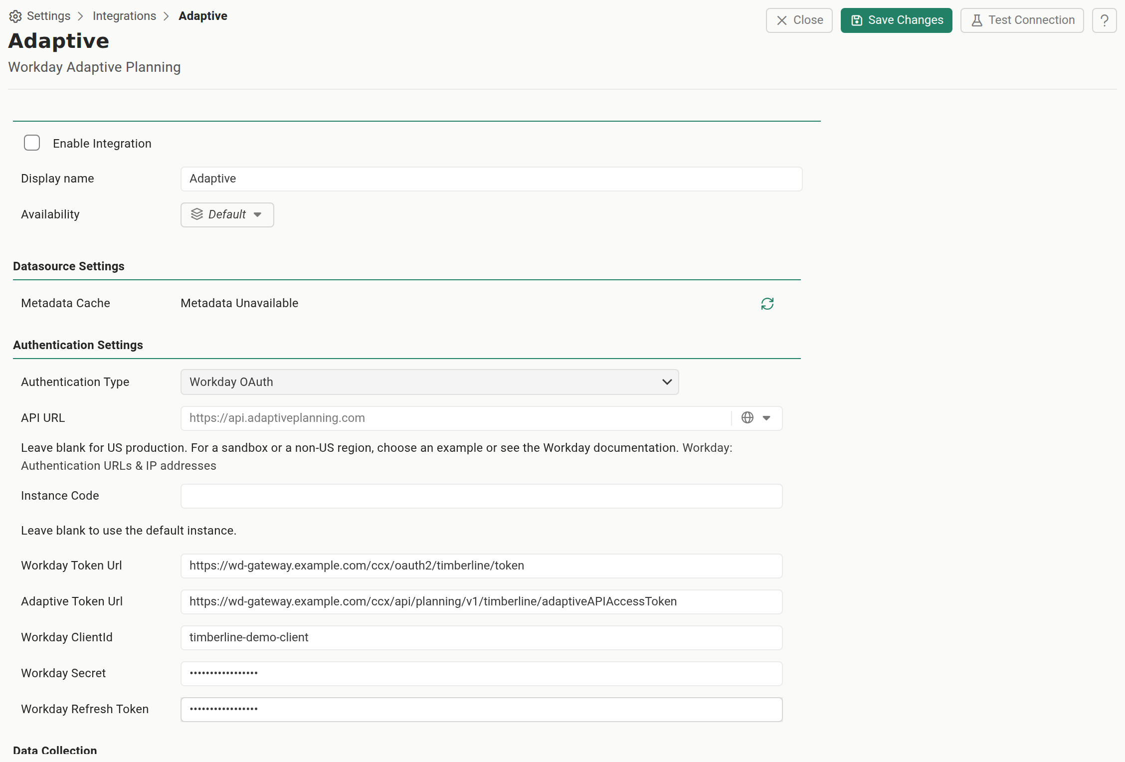 The Workday OAuth fields in the Reportworq connection editor: Workday Token Url, Adaptive Token Url, Workday ClientId, and the masked Workday Secret and Workday Refresh Token