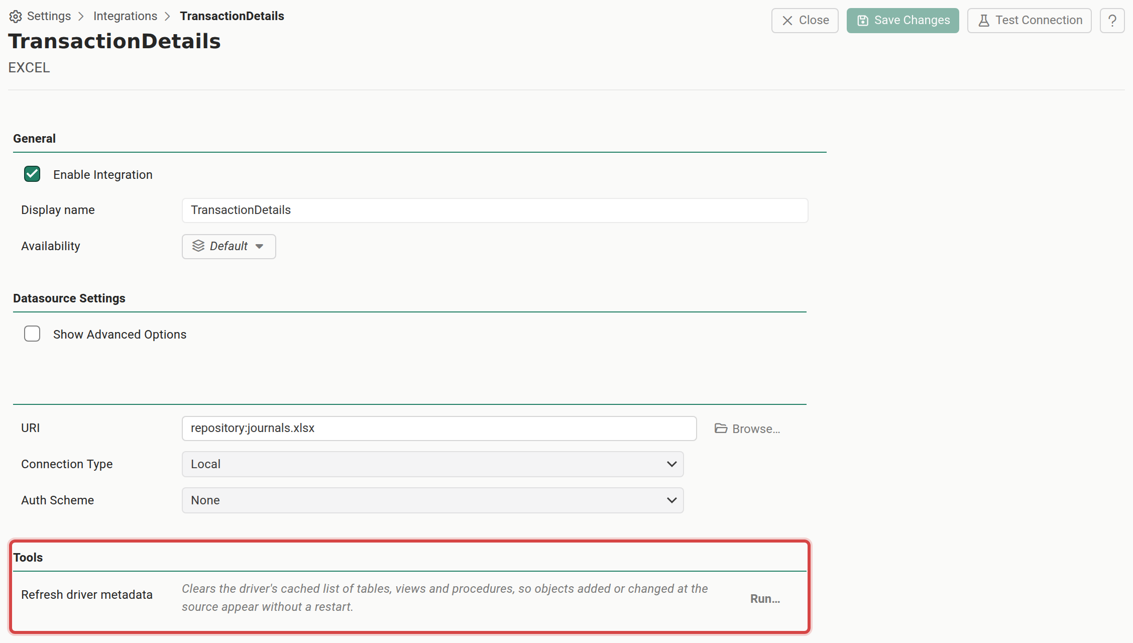 The Tools section of an Excel datasource page, listing Refresh driver metadata with its description and a Run button
