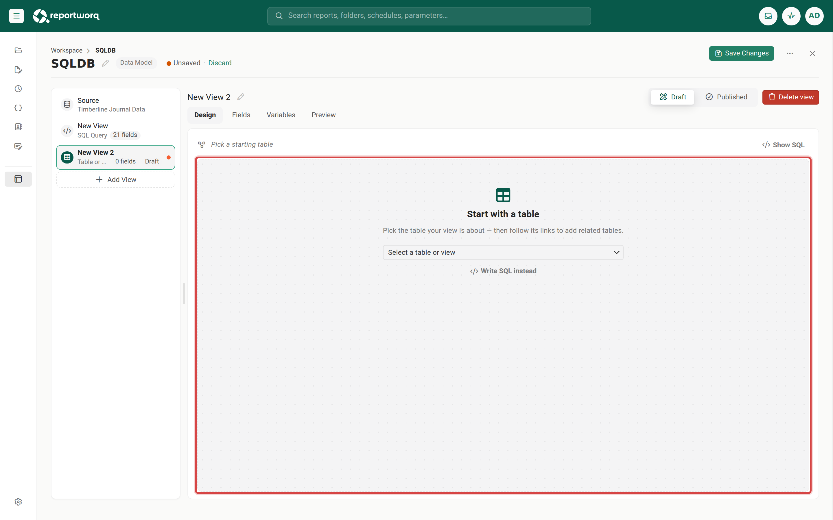 A new view's Design tab showing Start with a table, a table picker, and Write SQL instead