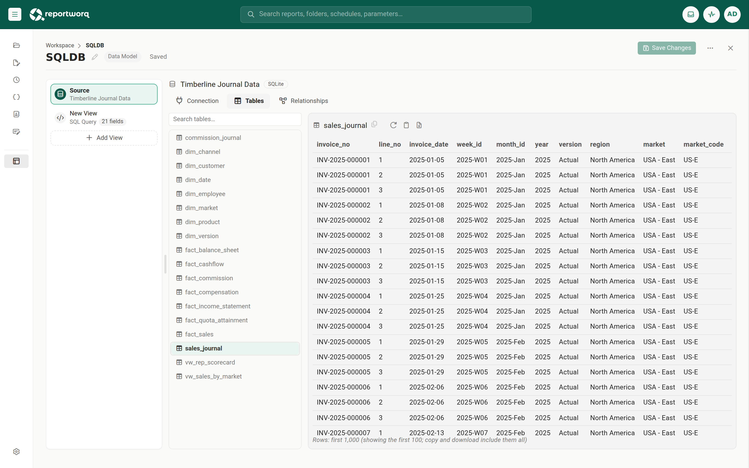The Source screen with sales_journal selected and its rows on the Tables section
