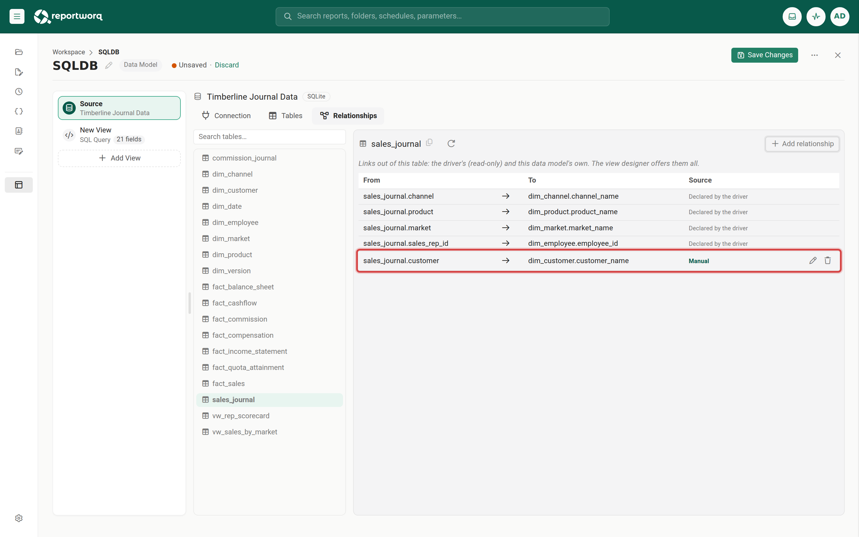 The Relationships tab for sales_journal: four links declared by the driver and a manual link from customer to dim_customer.customer_name