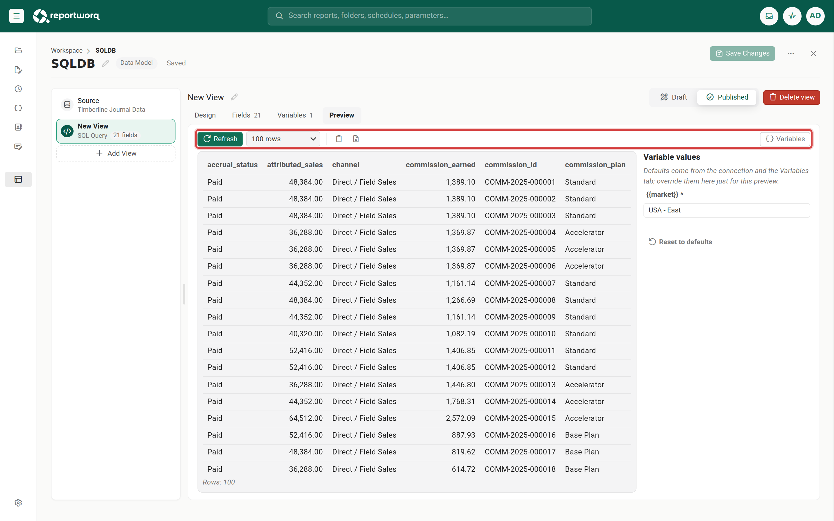 The Preview tab after a run, with the toolbar, the rows, and the Variable values pane