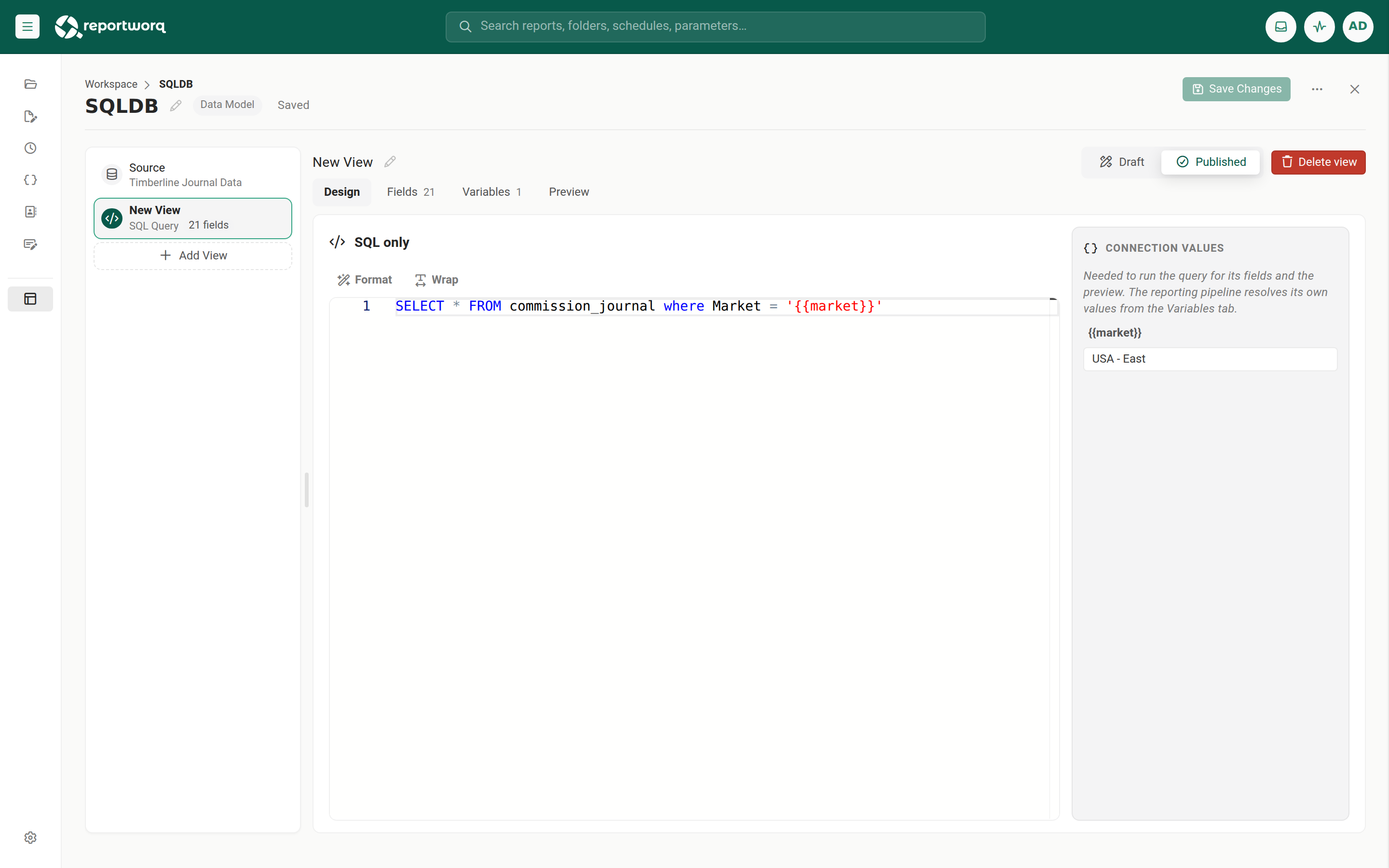 A SQL-only view on its Design tab, with the Connection values sidebar holding a sample value for market
