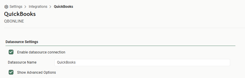 The QuickBooks datasource settings in Reportworq: Enable datasource connection selected, a Datasource Name of QuickBooks, and Show Advanced Options selected