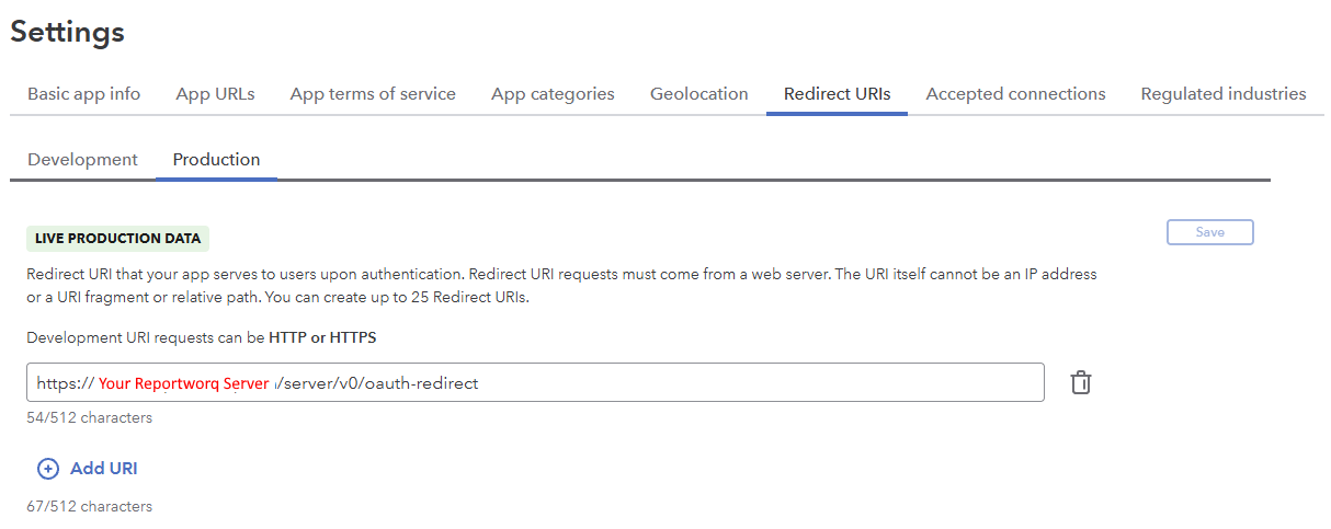 The Intuit Redirect URIs screen with the Reportworq server redirect URI entered, ending in /server/v0/oauth-redirect
