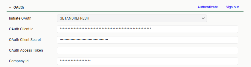 The Reportworq OAuth section with Initiate OAuth set to GETANDREFRESH and masked OAuth Client Id, OAuth Client Secret, and Company Id values
