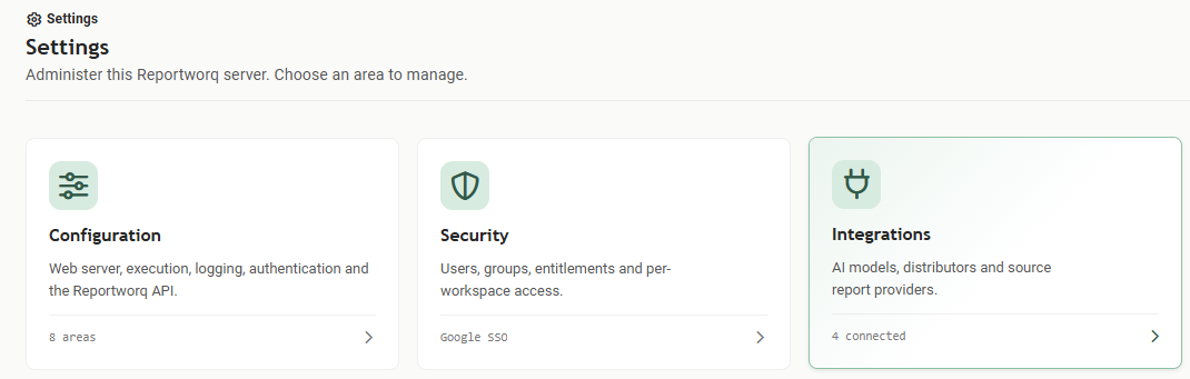 The Reportworq Settings screen showing the Configuration, Security, and Integrations tiles
