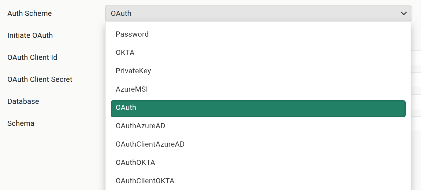 The Auth Scheme dropdown open on the SnowFlake field editor, listing the CData Snowflake driver's authentication methods, including Password, OKTA, PrivateKey, AzureMSI, and OAuth, with OAuth selected.