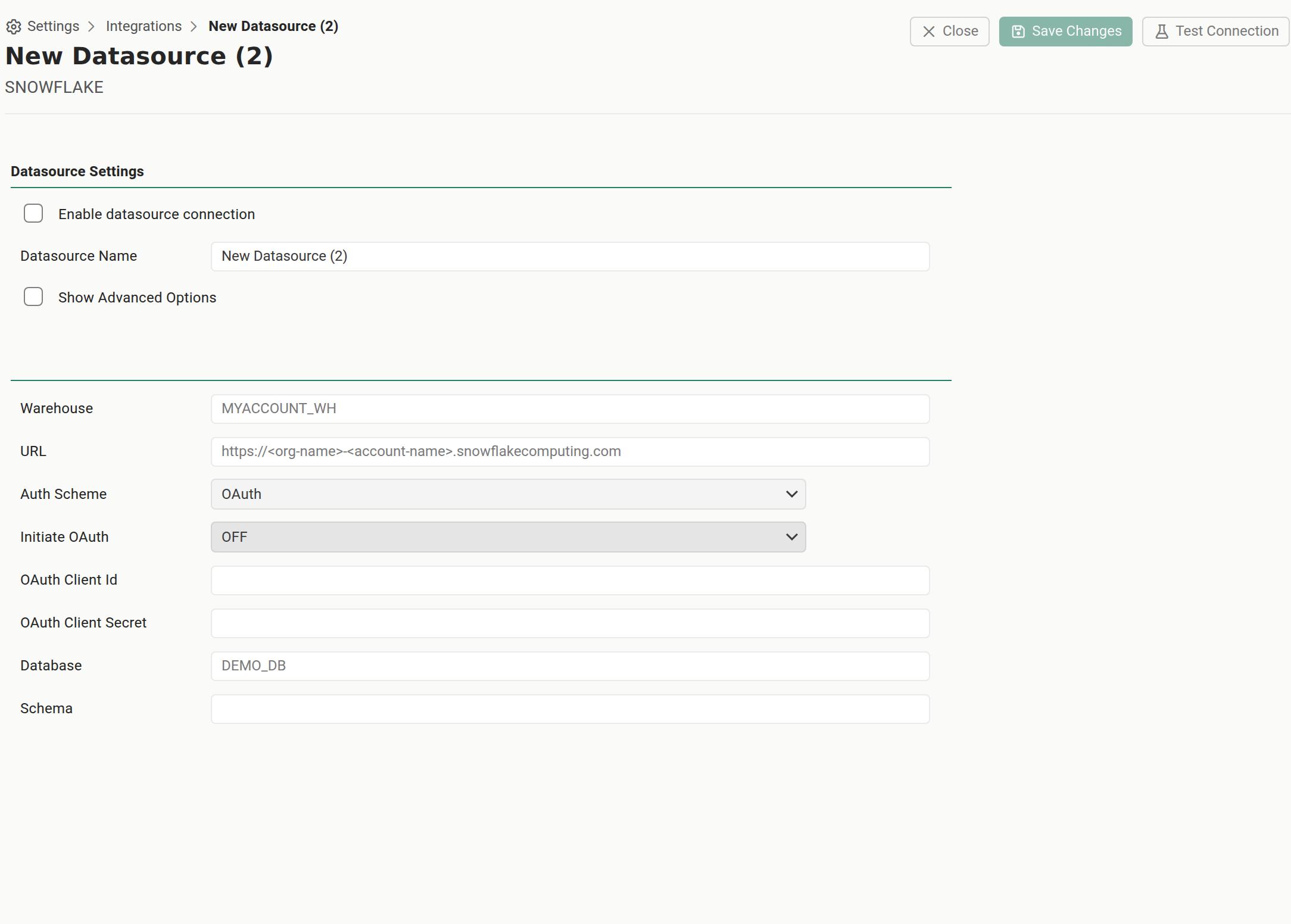 The SnowFlake guided field editor in Settings, Integrations, Datasources: the Datasource Settings section with Enable datasource connection, Datasource Name, and Show Advanced Options, then the connection fields Warehouse, URL, Auth Scheme, Database, and Schema, with Test Connection and Save Changes in the toolbar. The fields shown below Auth Scheme change with the method chosen.