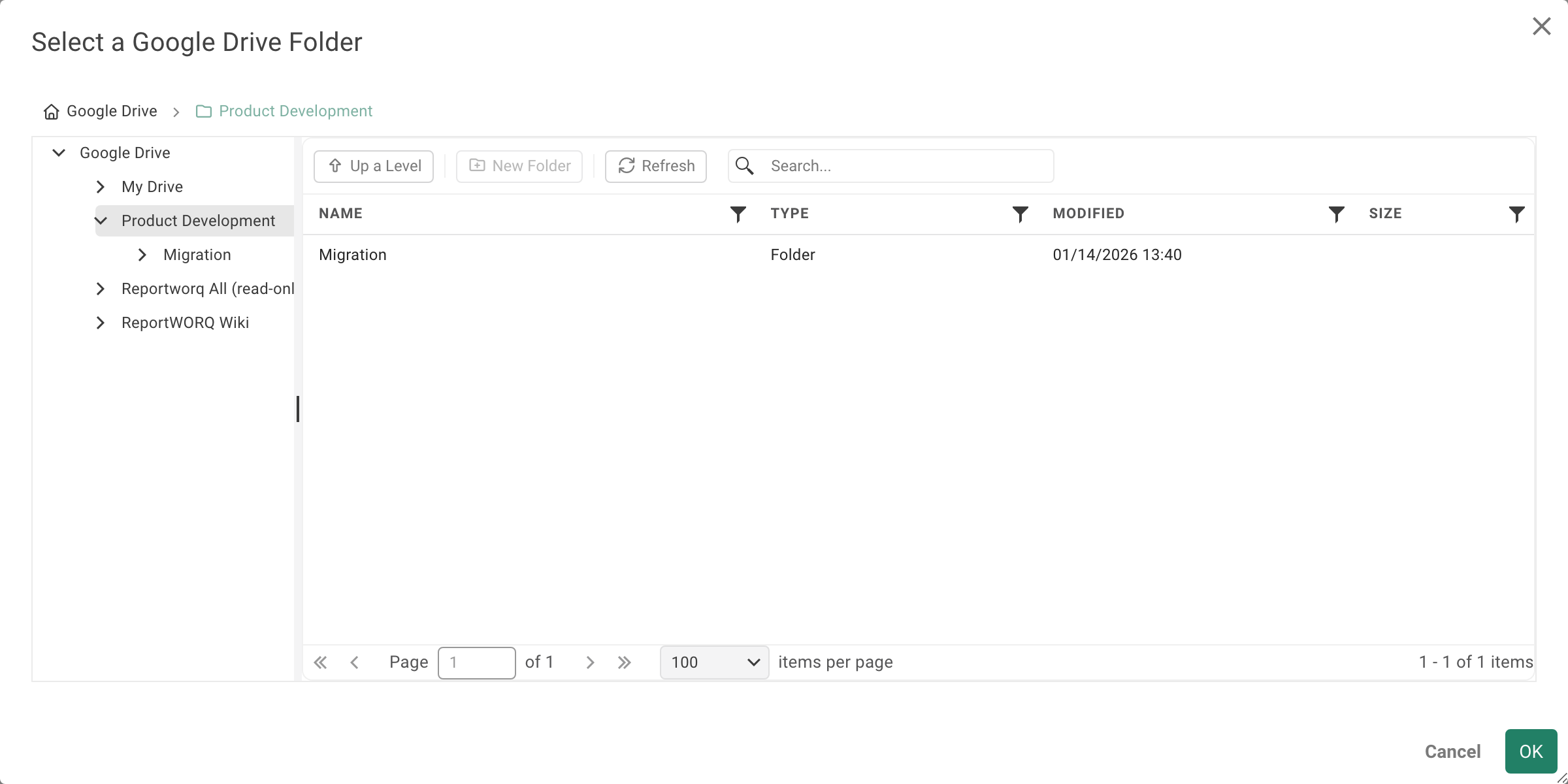 The Select a Google Drive Folder dialog, opened from the Location field's Browse button and drilled one level into a Shared Drive. A breadcrumb reads Google Drive followed by Product Development. The tree on the left lists My Drive alongside three Shared Drives, one of them labeled read-only. The grid on the right shows the folders inside the selected Shared Drive with their modified dates, above a Search box, an Up a Level / New Folder / Refresh toolbar, and a pager.