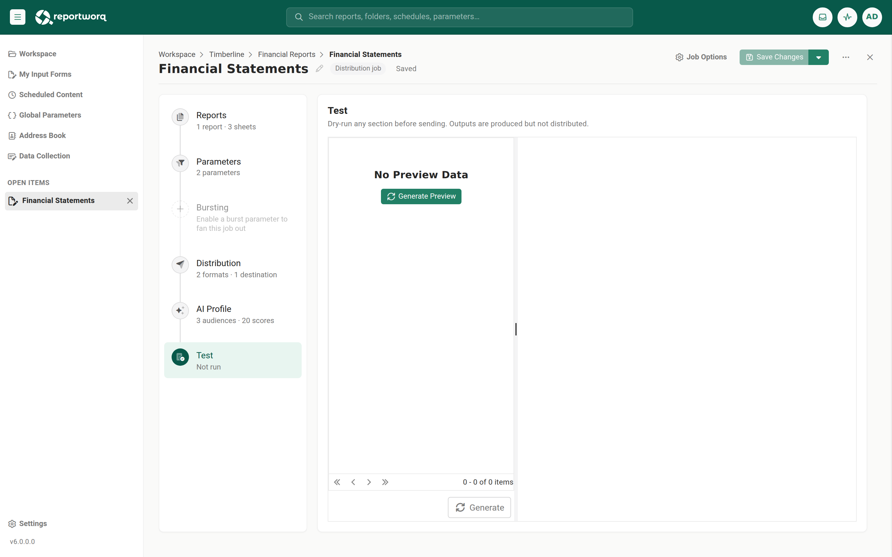 The Test step of the Job Editor showing a generated preview row with the Run Preview Job, Download job file, and Download log report actions.