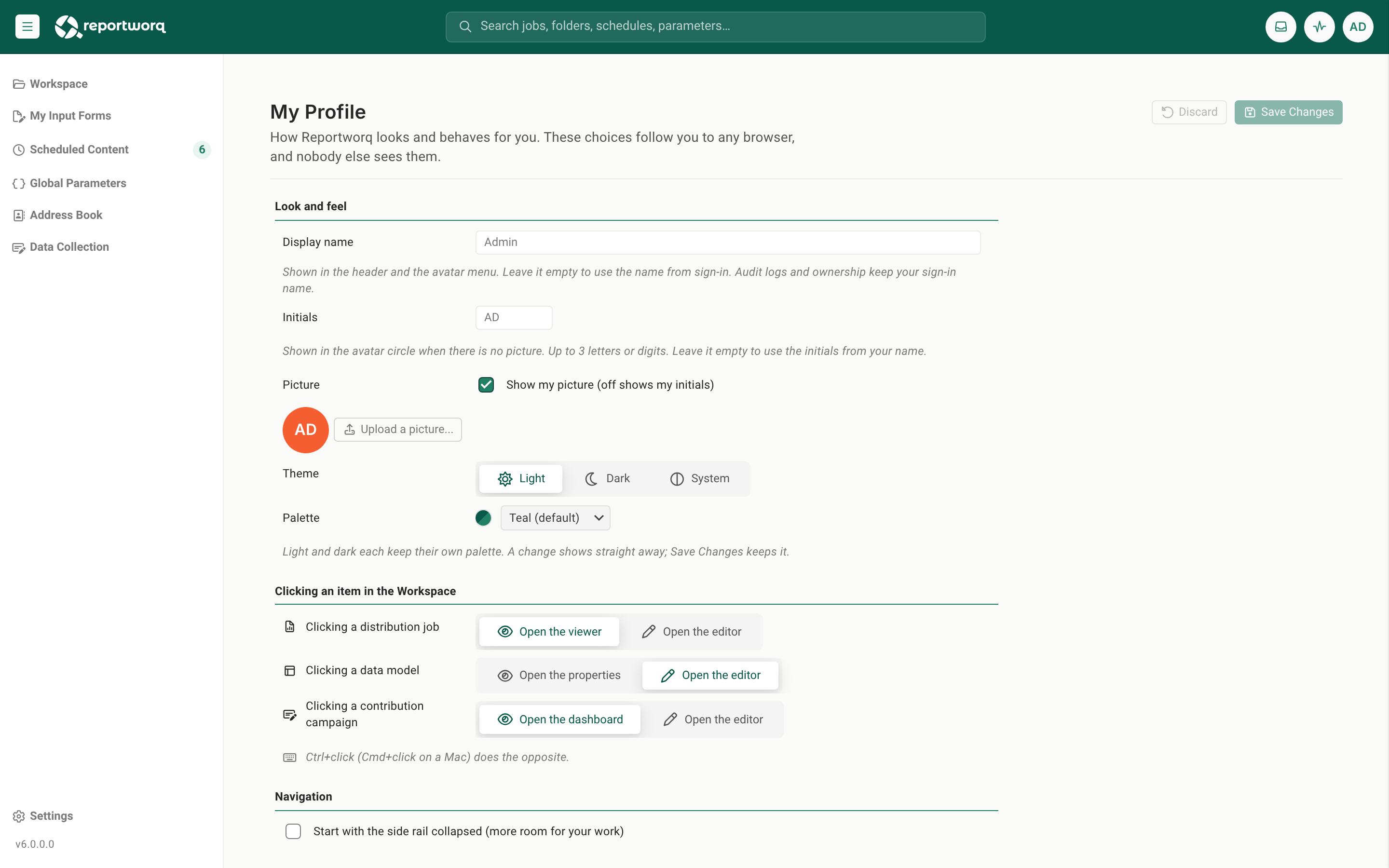 The My Profile page showing Look and feel, Clicking an item in the Workspace and Navigation