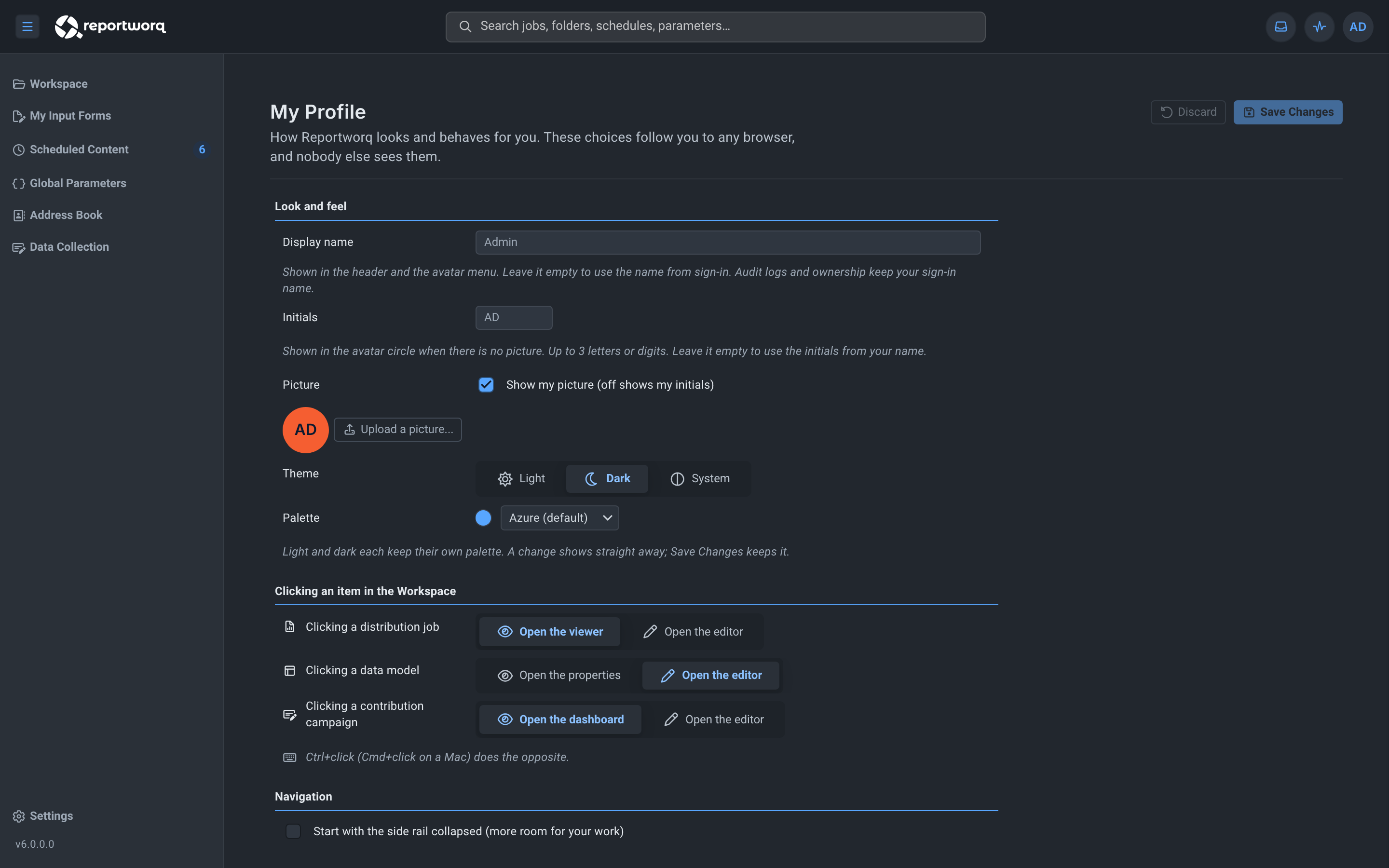 The My Profile page with the Dark theme and the Azure palette applied
