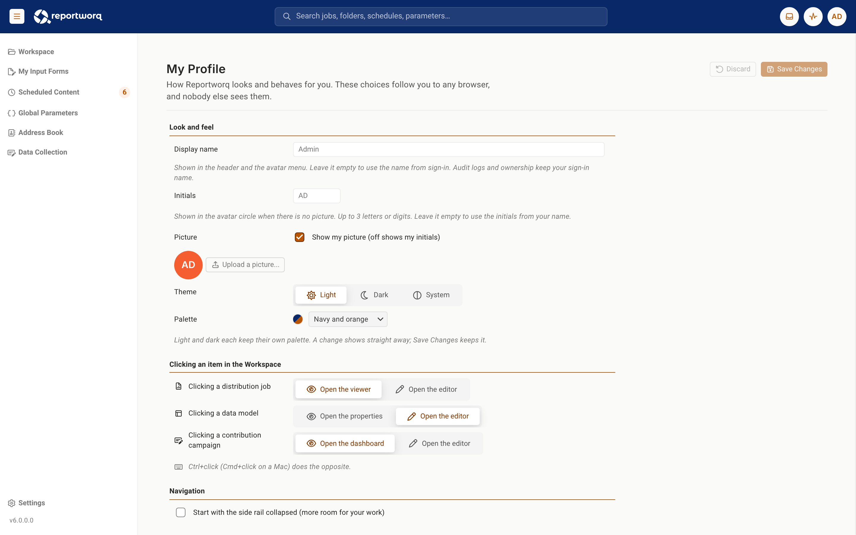 The My Profile page with the Light theme and the Navy and orange palette applied
