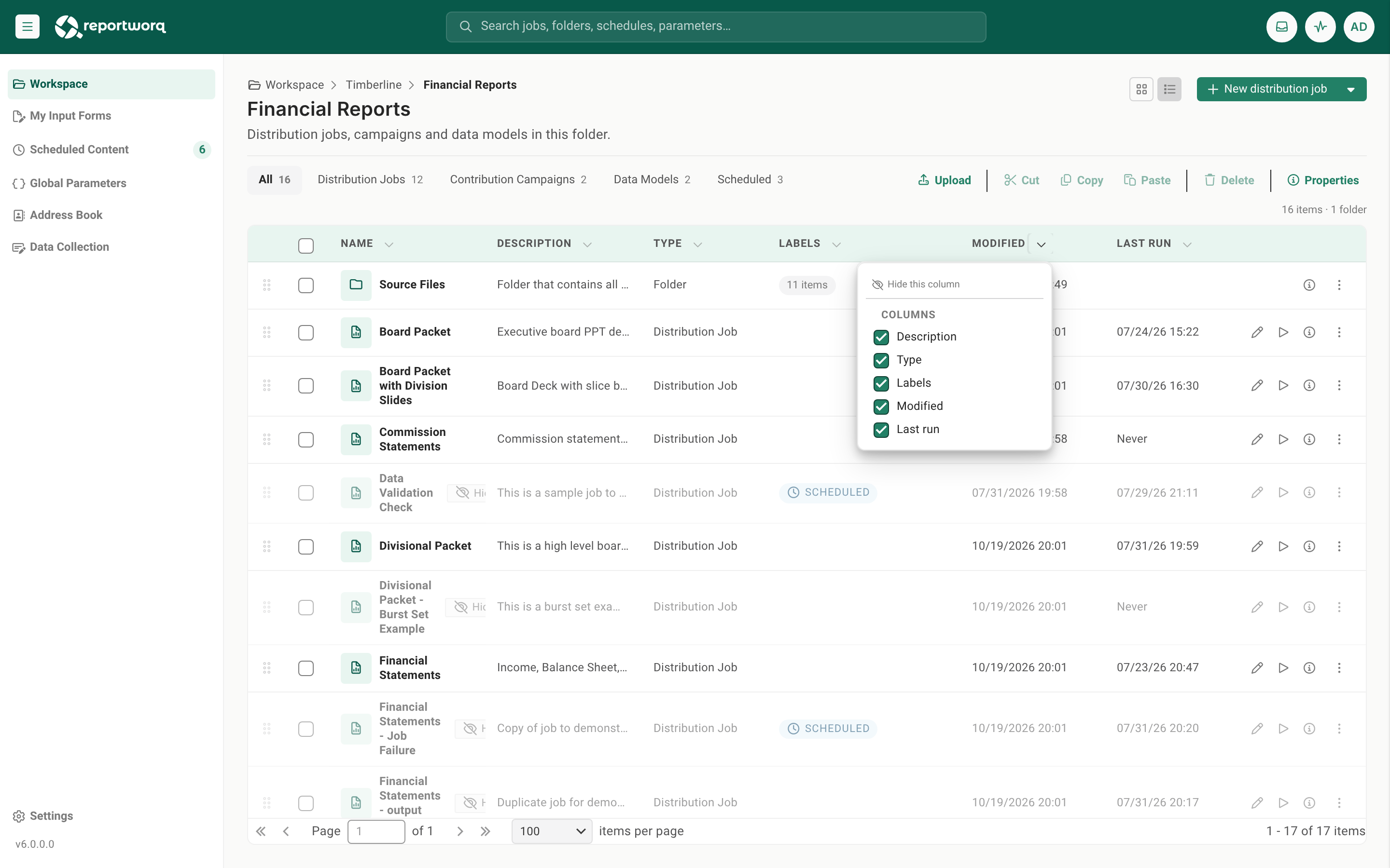 The Workspace list with the chevron menu open on the Modified header, offering Hide this column and a Columns checklist with Description, Type, Labels, Modified and Last run ticked