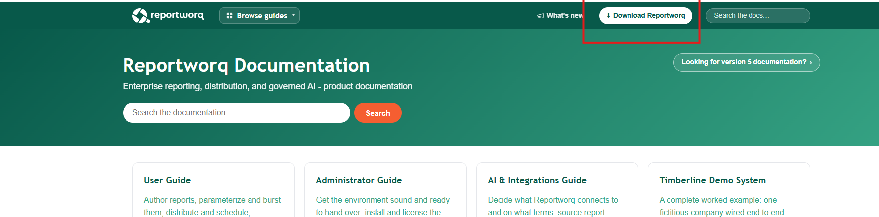 The docs.reportworq.com home page, with the Download Reportworq button outlined in the green site header
