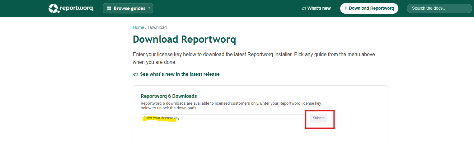The Download Reportworq page, with the license key box and the Submit button outlined