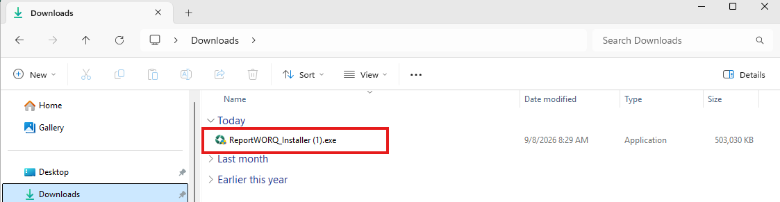 Windows File Explorer on the Downloads folder, with the downloaded installer outlined