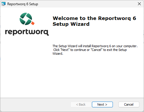 The Reportworq 6 setup wizard welcome page