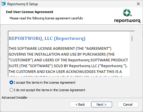The setup wizard license agreement page, with I accept the terms selected