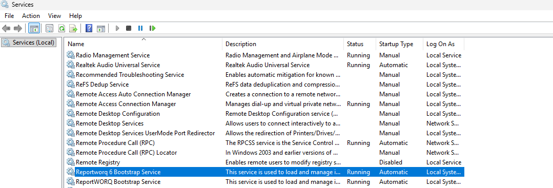 The Windows Services console with Reportworq 6 Bootstrap Service selected, Running and Automatic, logging on as Local System