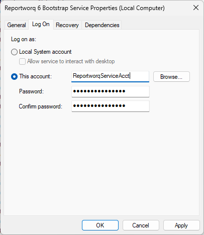 The Reportworq 6 Bootstrap Service Properties dialog, Log On tab, with This account selected and a service account entered