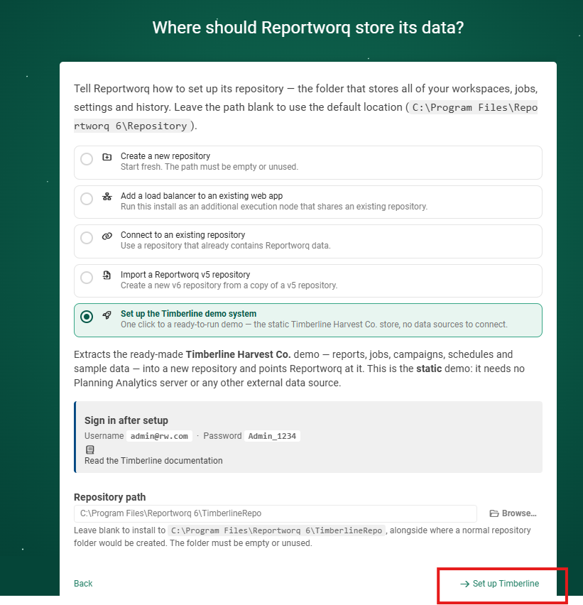 The setup wizard's repository step, with all five options listed and Set up the Timberline demo system selected, its panel showing the demo sign-in and the Repository path, and the Set up Timberline button outlined