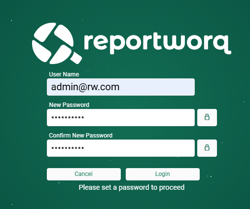 The sign-in form with the administrator email filled in, showing New Password and Confirm New Password and the message Please set a password to proceed