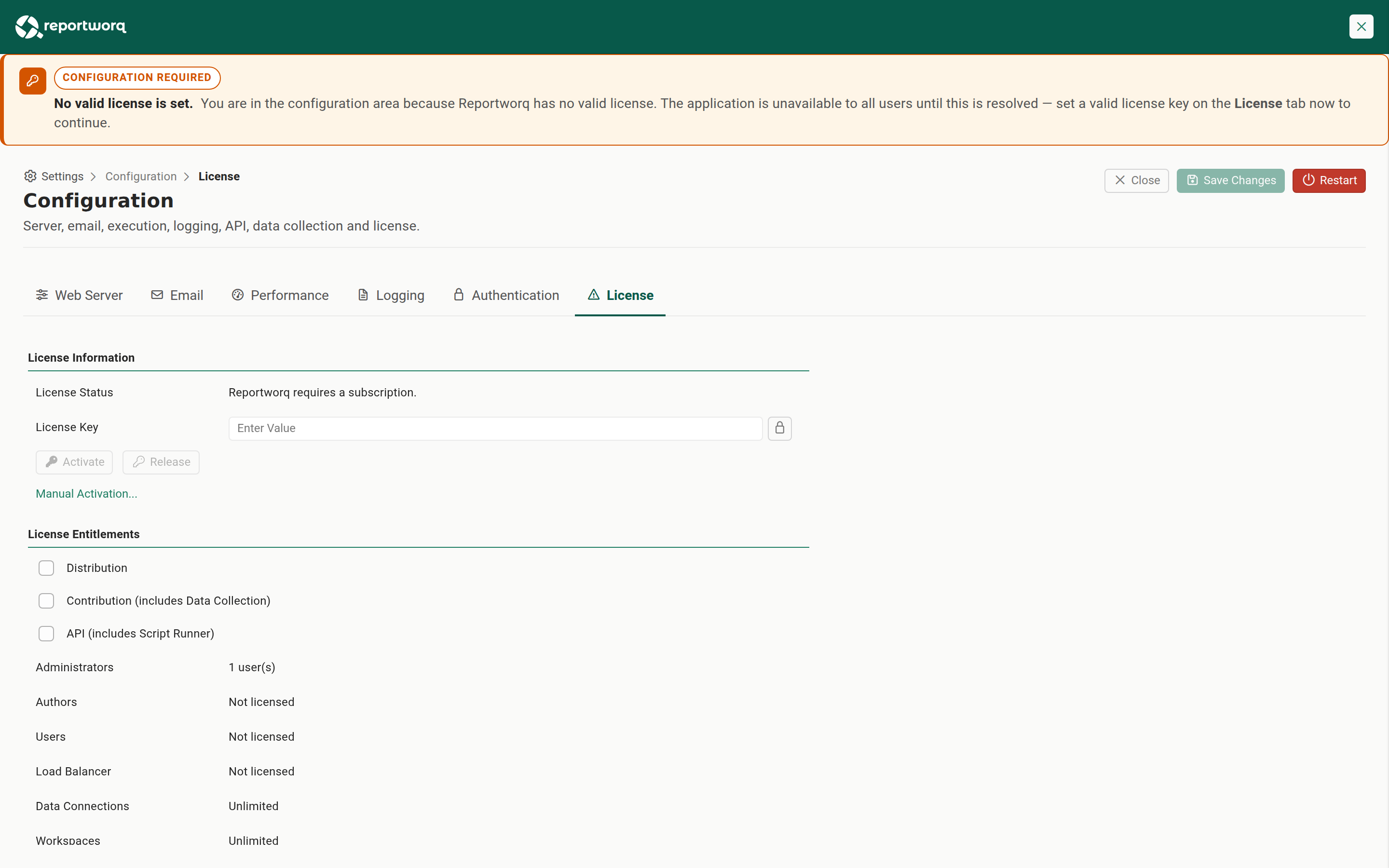 The Configuration required banner reading No valid license is set, above Settings, Configuration, License, with License Status Reportworq requires a subscription, an empty License Key box, and Activate, Release and Manual Activation