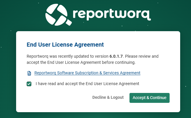The End User License Agreement prompt, with a link to the agreement, the I have read and accept checkbox ticked, and the Decline and Logout and Accept and Continue buttons