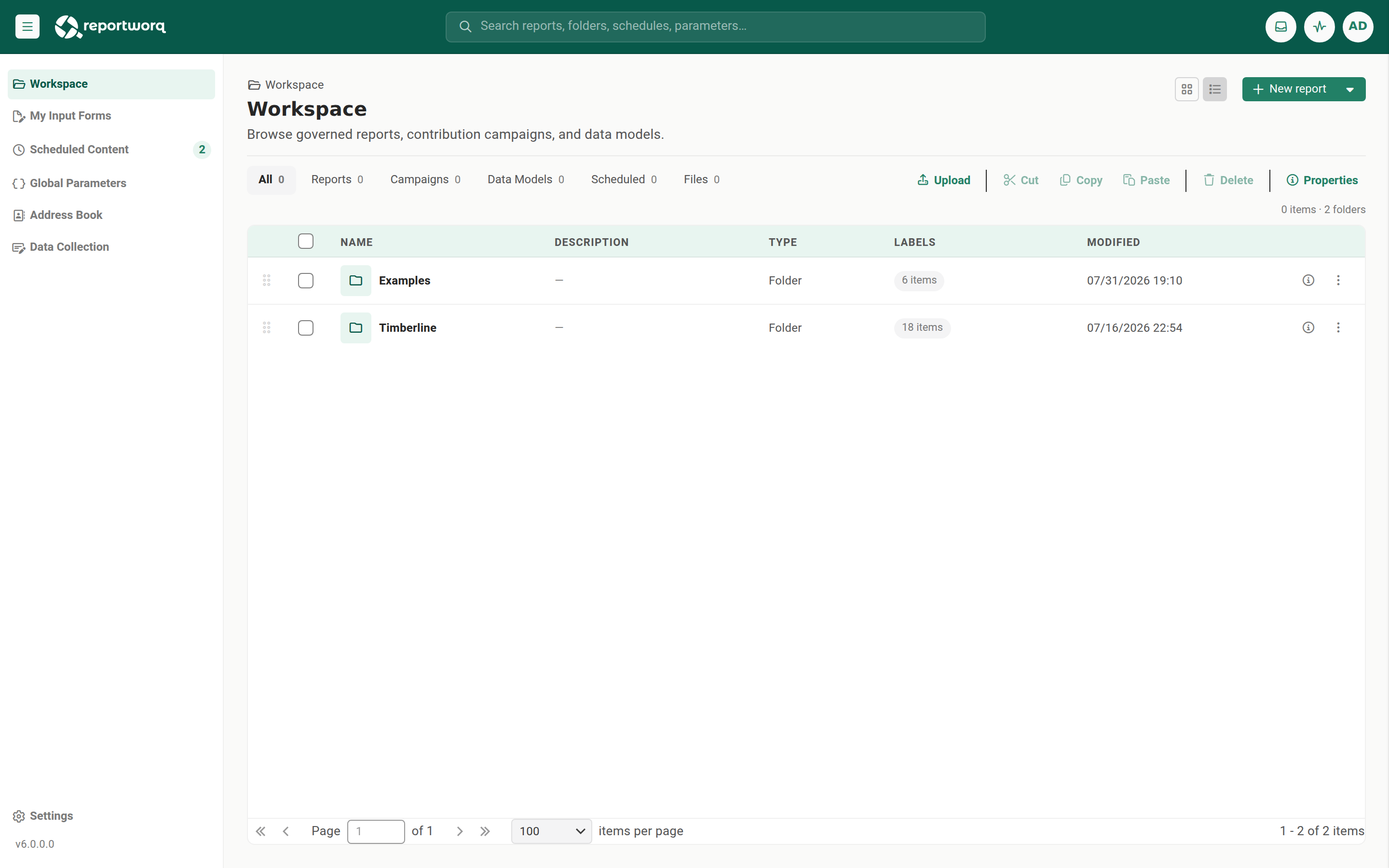 The Workspace browser showing two folders, Examples and Timberline, with the left rail listing Workspace, My Input Forms, Scheduled Content, Global Parameters, Address Book and Data Collection