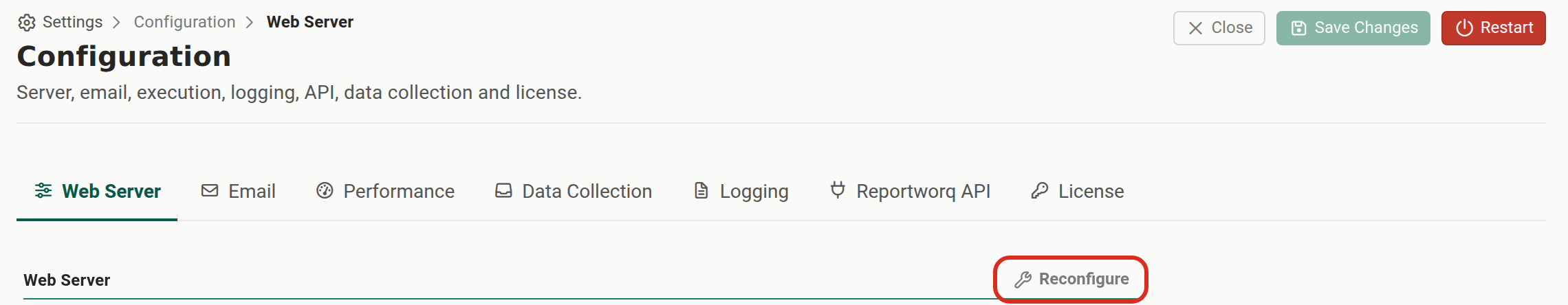 The Configuration screen on its Web Server tab, with the Reconfigure control outlined at the right of the Web Server section heading