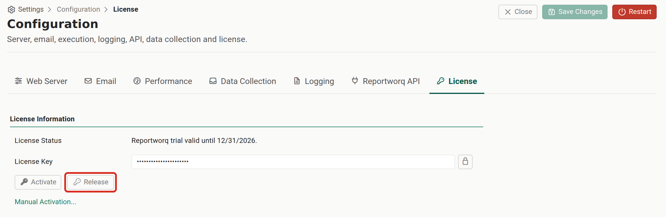 The Configuration screen on its License tab, with the Release button outlined beside Activate