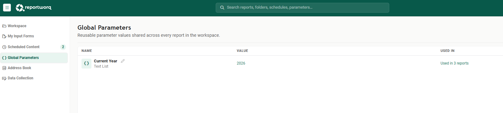 The Global Parameters screen with a single parameter, Current Year, a Text List with the value 2026, and a Used in 3 reports link in the right-hand column