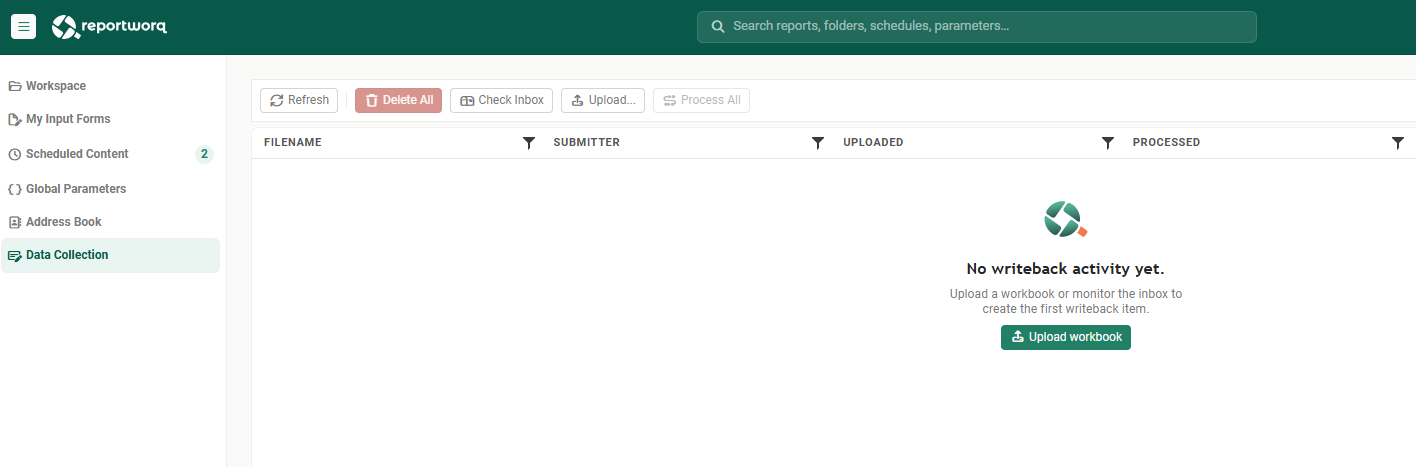 The Data Collection screen with its Refresh, Delete All, Check Inbox, Upload and Process All toolbar above an empty table headed Filename, Submitter, Uploaded and Processed, and the message No writeback activity yet