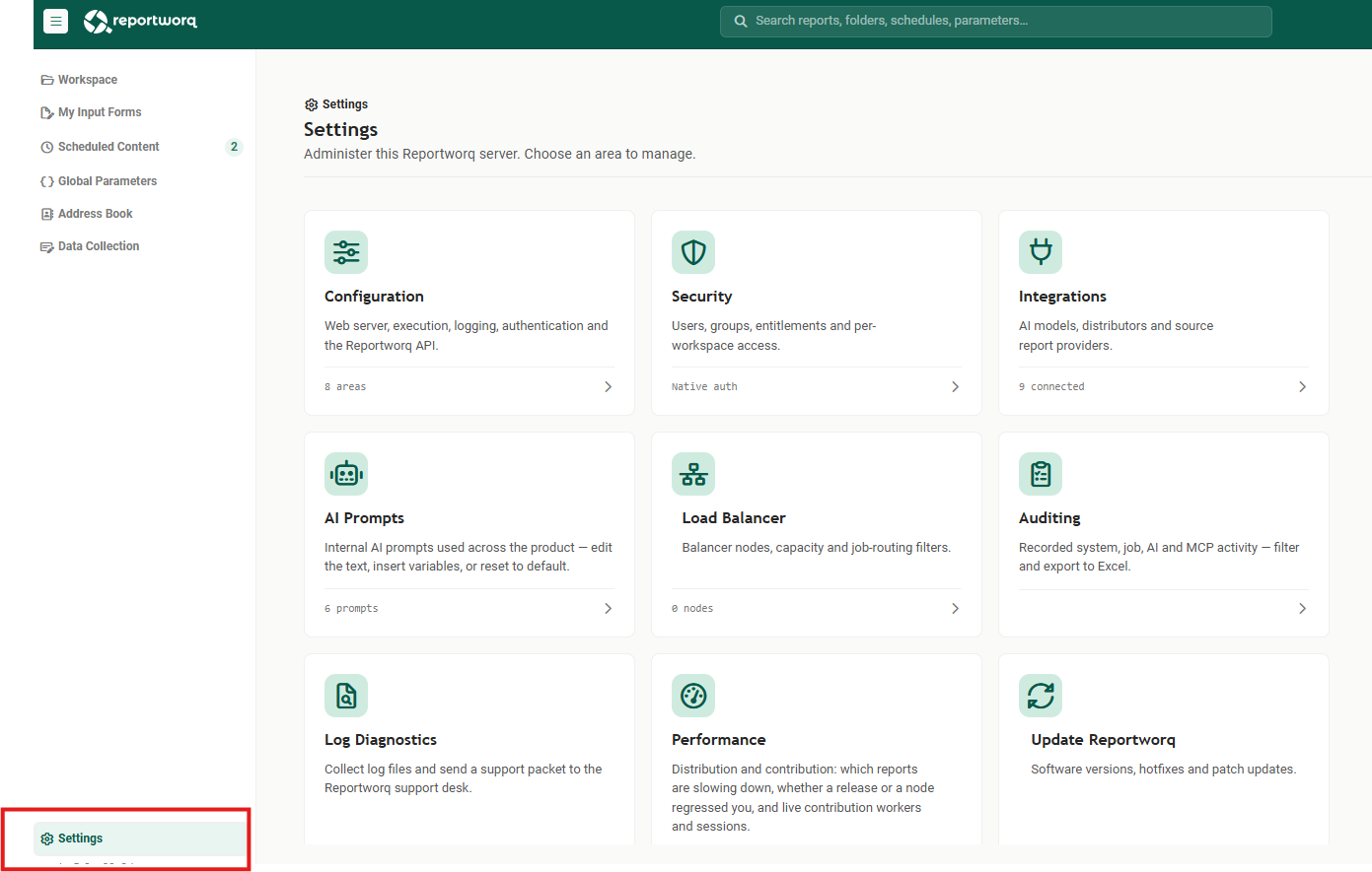 The Settings landing page with nine cards (Configuration, Security, Integrations, AI Prompts, Load Balancer, Auditing, Log Diagnostics, Performance and Update Reportworq) and the Settings entry outlined in red at the bottom of the left rail