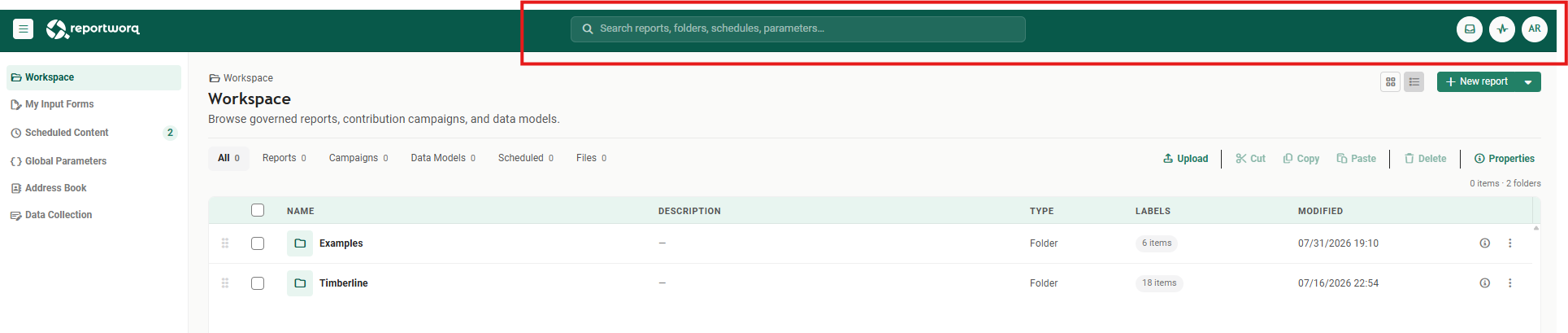 The top green banner outlined in red, with the collapse button and logo at the left, the global search box in the middle, and three circular buttons at the right