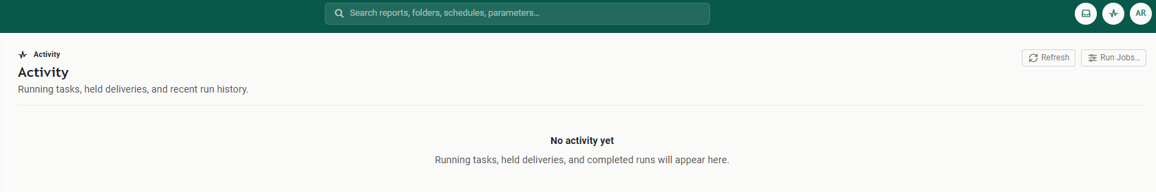 The Activity screen on its empty state, headed Running tasks, held deliveries, and recent run history, with the message No activity yet and Refresh and Run Jobs controls at the top right